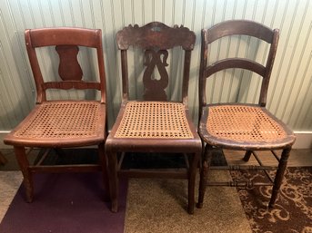 (3) Antique Wood And Cane Side Chairs