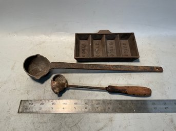 Cast Iron Vintage Lead Pouring Ladle And Ingot Mold