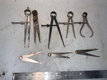 Grouping Of 8 Machinists Dividers, Calipers And Scribes