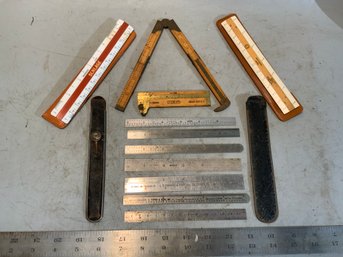 Grouping Of 7 Machinists Rulers, 2 Stanley Boxwood Caliper Rulers, 2 Drafting Rules