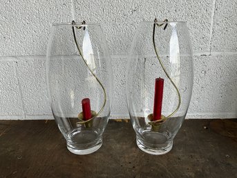 Pair Of Glass Hurricane Candle Holders