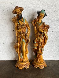 Vintage Carved Chinese Man And Woman Resin Figurines