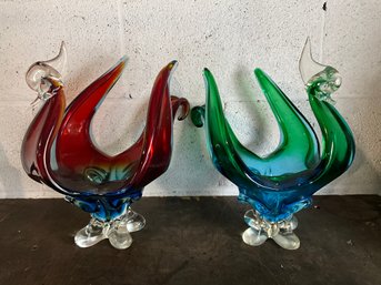 Mid Century Art Glass Bird Centerpieces