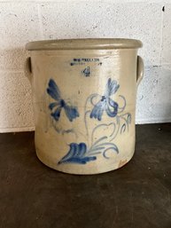 Primitive 4 Gallon Stoneware Crock With Cobalt Blue Flower