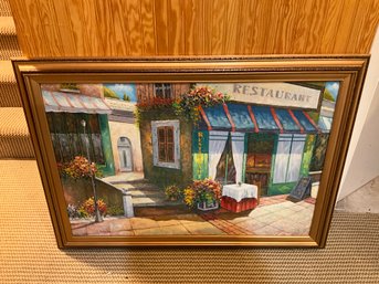 Framed Restaurant Street Scene Still Life Painting On Canvas