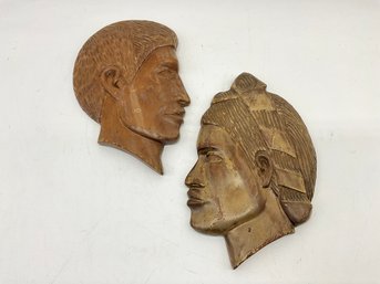 Pair Of Guatemalan Man And Women Wood Carvings