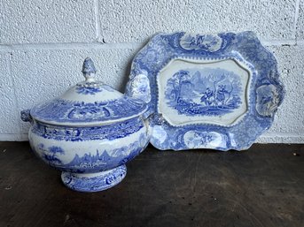 Antique Blue And White Bowl And Tray