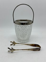 Vintage Silver Plate And Cut Glass Ice Bucket Incl. Ice Tongs