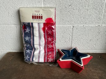 Fourth Of July Themed Table Cloth And Ceramic Star Bowls