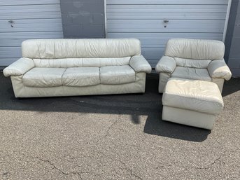 White Leather Three-seater Sofa, Lounge Chair And Ottoman