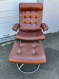 Ekornes Chrome And Leather Chair And Ottoman