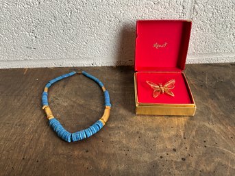 Monet Butterfly Pin And Blue And Gold Necklace