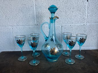 Vintage Blue And Gold Decanter And Glasses