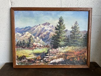 Vintage Mountain And Forest Landscape Painting On Board