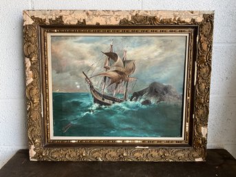 20th Century Ship Scene Painting On Canvas, Signed