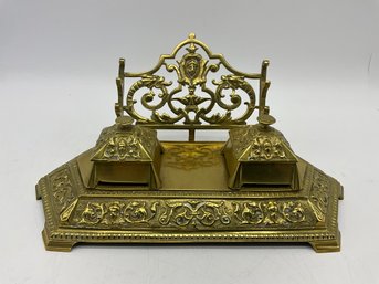 Vintage Ornate Brass Letter Paper Holder Stand Incl. Inkwells