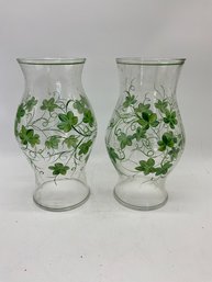 Pair Of Glass And Ivy Leaf Hurricane Shades