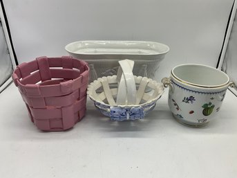 Grouping Of Ceramic Planters Incl. Woven Baskets