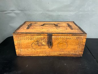 Antique Hand Carved Wood And Iron Dowry Box