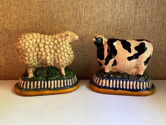 Vintage French Style Ceramic Cow And Sheep Figures