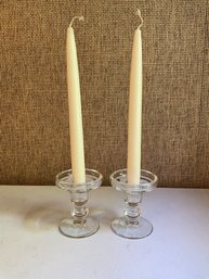 Pair Of Clear Glass Candle Holders