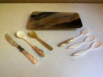 Grouping Of Mother Of Pearl Utensils, Additional Utensils And Serving Tray