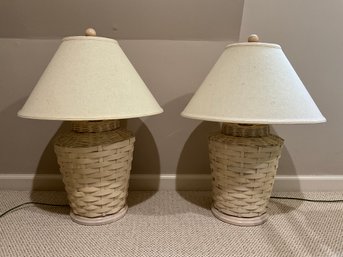 Pair Of Vintage Woven Wicker Table Lamps