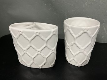 White Trellis Ceramic Toothbrush Holder And Cup