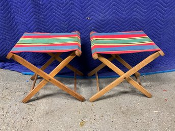 Vintage Wood And Cloth Folding Stools