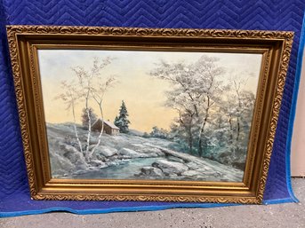 Large Winter Scene Painting On Canvas, Signed