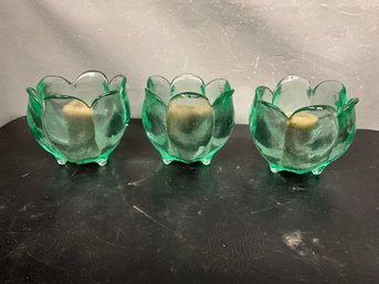 Grouping Of Green Glass Floral Votive Holders