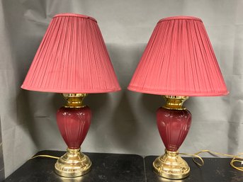 Pair Of Dark Magenta And Gold Table Lamps