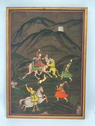 Vintage Indian School 'The Tiger Hunt Painting Fabric