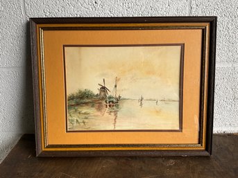 Framed Watercolor Of Windmill On Paper