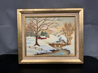 Mid Century Winter Scene Oil Painting On Canvas, Signed