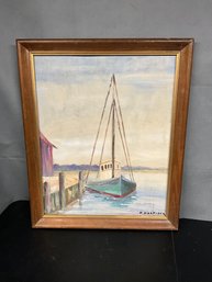 Mid Century Harbor Scene Painting On Board