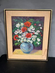 Mid Century Floral Still Life Oil Painting On Canvas, Signed