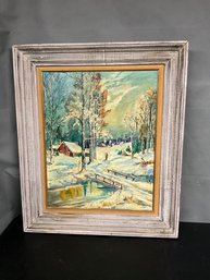 Framed Cabin Winterscene Oil Painting On Board, Signed