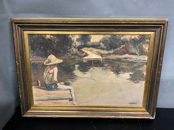 Antique Painting On Board Of A Young Boy Fishing, Signed