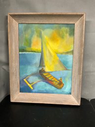 Mid Century Sailboat Painting On Canvas, Signed