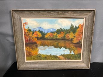 Vintage Picturesque Forest Lakescene Painting On Board