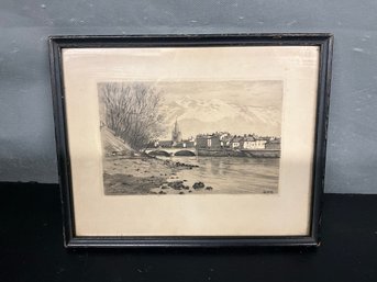 Antique Riverscene Etching