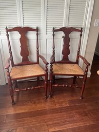 Fiddleback Wood And Rush Seat Arm Chairs