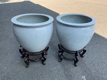 Pair Of Large Ceramic Planters On Asian Stand