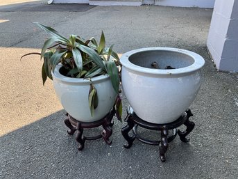 Ceramic Planters On Asian Stands Incl. Live Plant