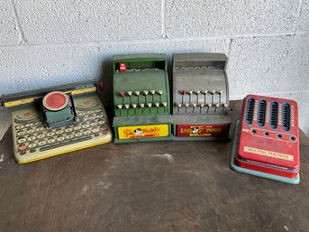 Vintage Aluminum Toy Cash Registers, Typewriter And Adding Machine