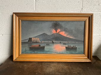 Antique Oil Painting Of Mount Vesuvius Eruption