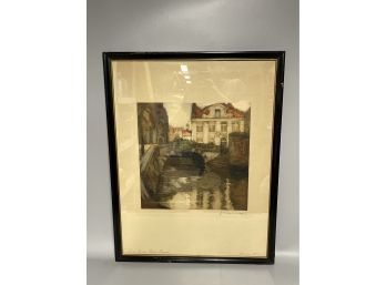 Vintage Lithograph European Village Scene