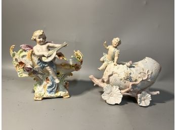 (2) Painted Bisqueware Putti Bowls