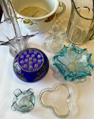 Vintage Glass Lot Cobalt Blue Three Footed Vase With Frog